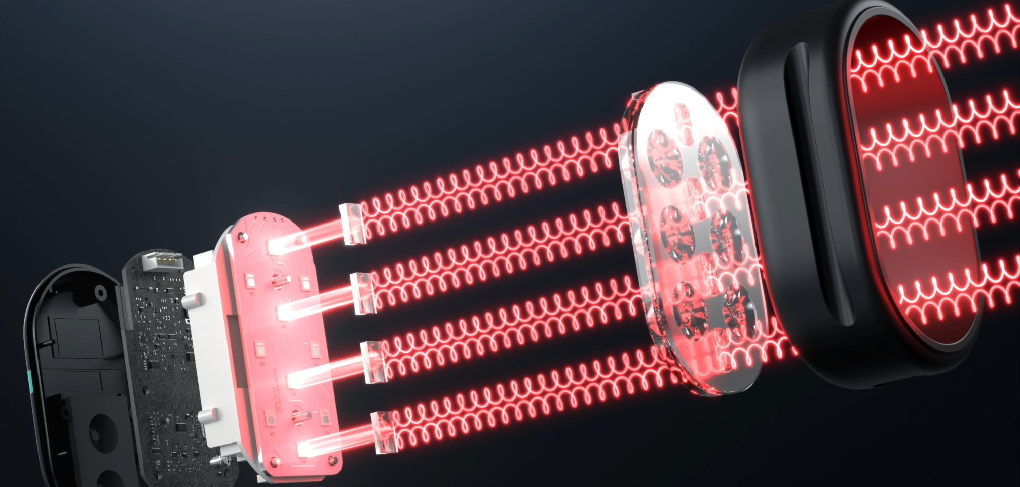 An exploded diagram of the PRUNGO FluxGo's dual light therapy engine showing the internal components of the polarized laser and focused LED.